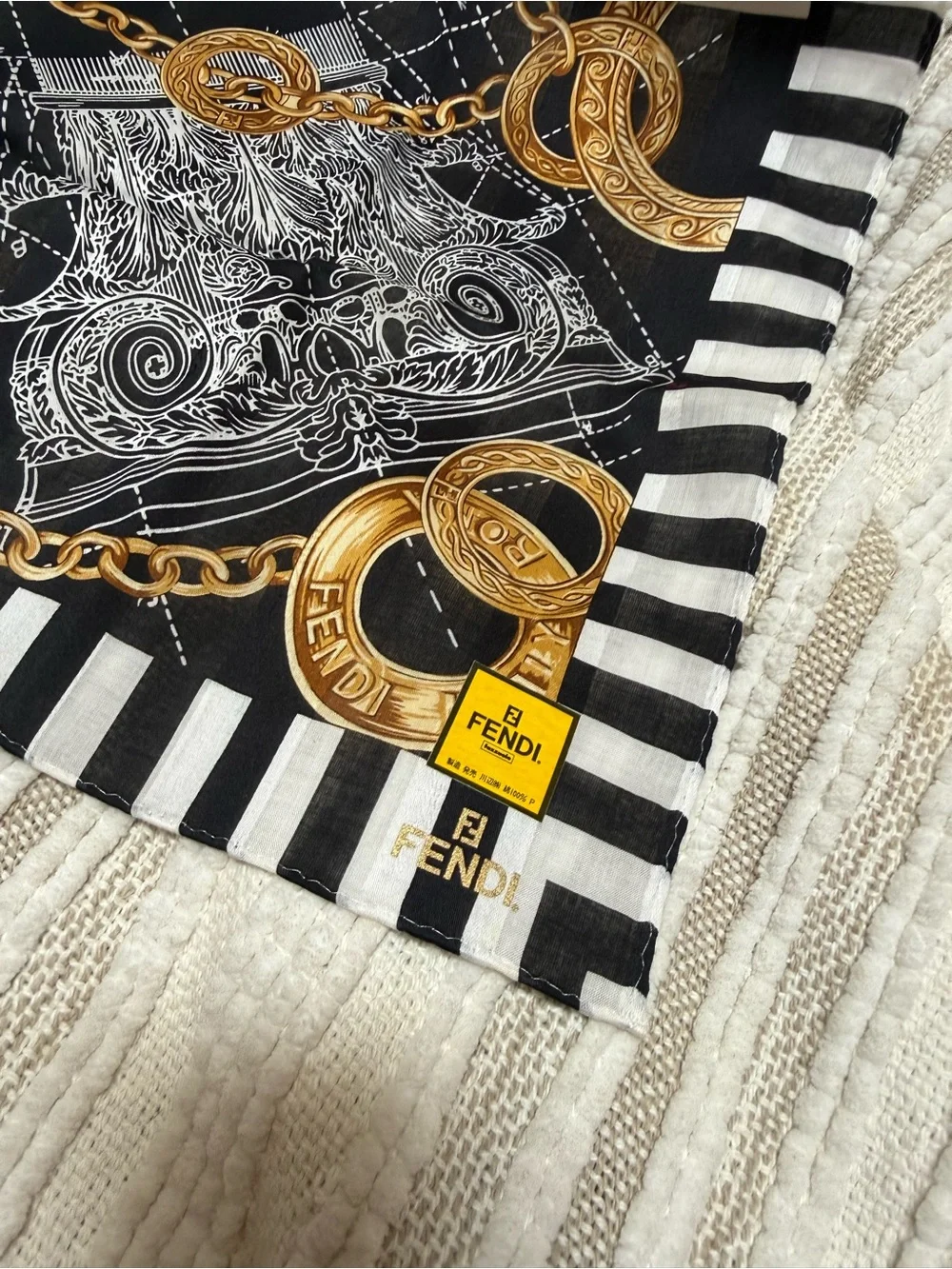 Fendi Black, White & Gold Chain-Print Silk Scarf